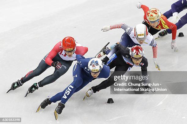 Celski of Unites States, Kazuki Yoshinaga of Japan and Patrick Duffy of Canada compete in the Men 1000m Qarterfinals during the ISU World Cup Short...