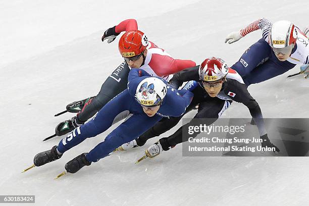 Celski of Unites States, Kazuki Yoshinaga of Japan and Patrick Duffy of Canada compete in the Men 1000m Qarterfinals during the ISU World Cup Short...