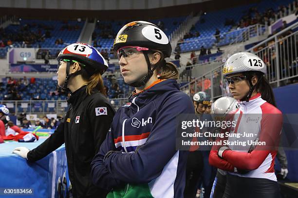 Skaters prepare for their race during the ISU World Cup Short Track 2016 on December 18, 2016 in Gangneung, South Korea.