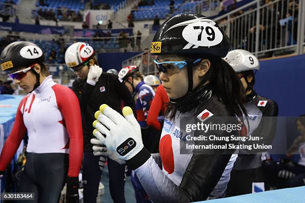 Skaters prepare for their race during the ISU World Cup Short Track 2016 on December 18, 2016 in Gangneung, South Korea.