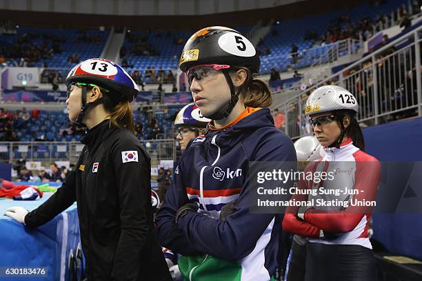 Skaters prepare for their race during the ISU World Cup Short Track 2016 on December 18, 2016 in Gangneung, South Korea.