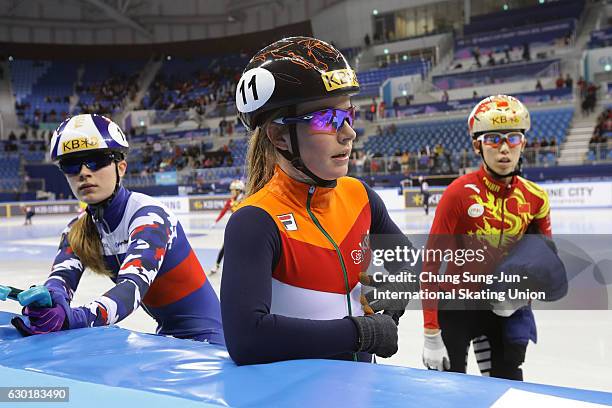 Skaters prepare for their race during the ISU World Cup Short Track 2016 on December 18, 2016 in Gangneung, South Korea.