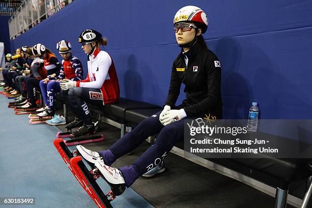 Skaters prepare for their race during the ISU World Cup Short Track 2016 on December 18, 2016 in Gangneung, South Korea.