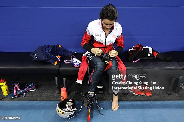 Skater prepares for her race during the ISU World Cup Short Track 2016 on December 18, 2016 in Gangneung, South Korea.