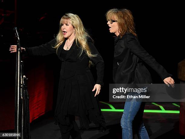 Singer/songwriter Stevie Nicks is joined onstage by recording artist Chrissie Hynde of The Pretenders during the grand opening of Park Theater at...