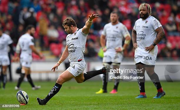 Toulon fullback Leigh Halfpenny kicks a penalty during the European Rugby Champions Cup match between Scarlets and RC Toulonnais at Parc Y Scarlets...