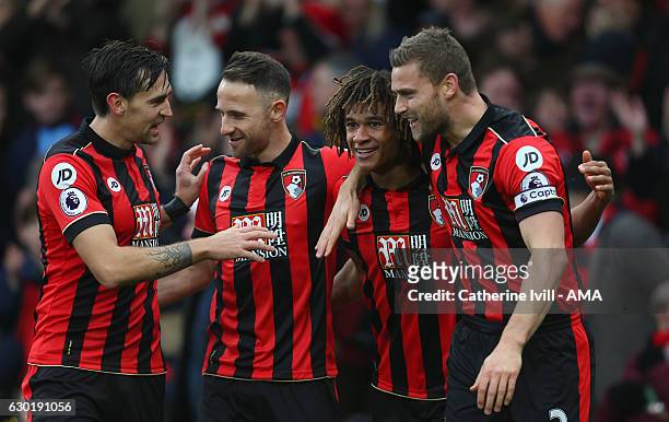 Nathan Ake of Bournemouth celebrates after he scores to make it 1-0 with team mates Charlie Daniels, Marc Pugh and Simon Francis of Bournemouth...
