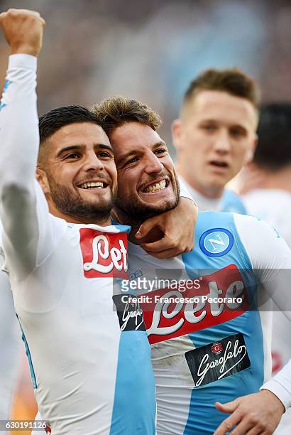 Lorenzo Insigne and Dries Mertens of SSC Napoli celebrate the 1-0 goal scored by Dries Mertens during the Serie A match between SSC Napoli and FC...