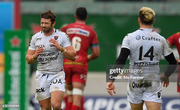 Toulon fullback Leigh Halfpenny reacts after his last minute penalty kick misses during the European Rugby Champions Cup match between Scarlets and...