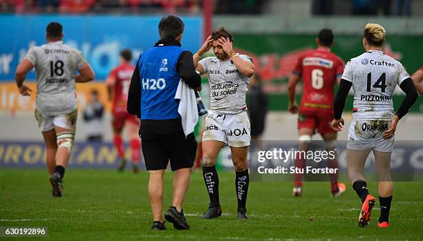 Toulon fullback Leigh Halfpenny reacts after his last minute penalty kick misses during the European Rugby Champions Cup match between Scarlets and...