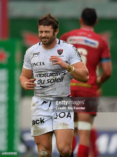 Toulon fullback Leigh Halfpenny reacts after his last minute penalty kick misses during the European Rugby Champions Cup match between Scarlets and...