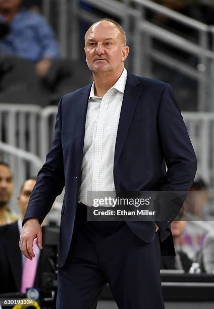 Head coach Thad Matta of the Ohio State Buckeyes looks on as his players take on the UCLA Bruins during the CBS Sports Classic at T-Mobile Arena on...