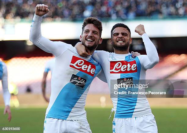 Lorenzo Insigne and Dries Mertens of SSC Napoli celebrate the 3-0 goal scored by Dries Mertens during the Serie A match between SSC Napoli and FC...