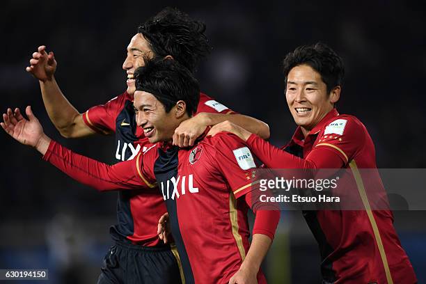 Gaku Shibasaki of Kashima Antlers celebrates scoring his team's second goal during the FIFA Club World Cup final match between Real Madrid and...