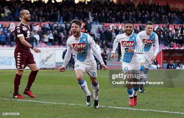 Lorenzo Insigne and Dries Mertens of SSC Napoli celebrate the 2-0 goal scored by Dries Mertens during the Serie A match between SSC Napoli and FC...