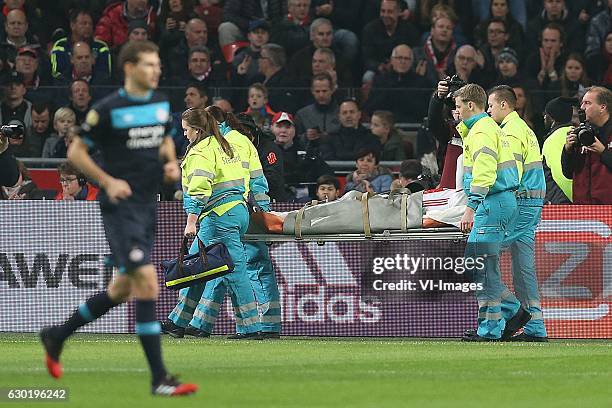 Anwar El Ghazi of Ajax injury, EHBO, leave pitchduring the Dutch Eredivisie match between Ajax Amsterdam and PSV Eindhoven at the Amsterdam Arena on...