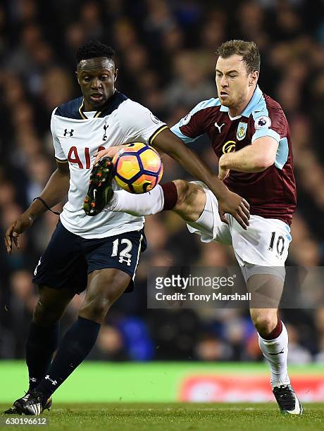 Victor Wanyama of Tottenham Hotspur and Ashley Barnes of Burnley battle for possession during the Premier League match between Tottenham Hotspur and...