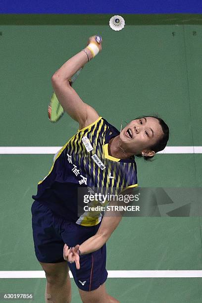 Tai Tzu Ying of Taiwan hits a return during her women's singles final match against Sung Ji Hyun of Korea on the 5th day of the BWF Dubai World...