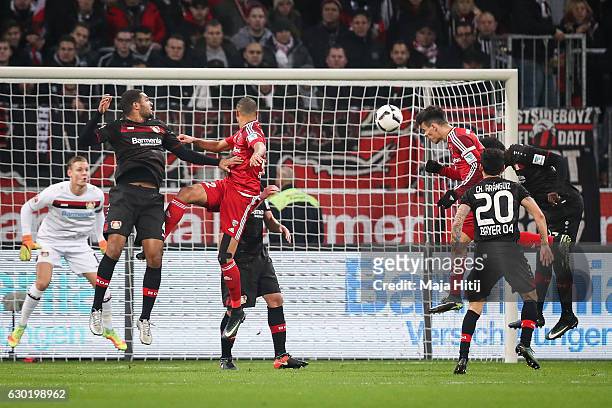 Alfredo Morales of Ingolstadt scores his team's first goal during the Bundesliga match between Bayer 04 Leverkusen and FC Ingolstadt 04 at BayArena...