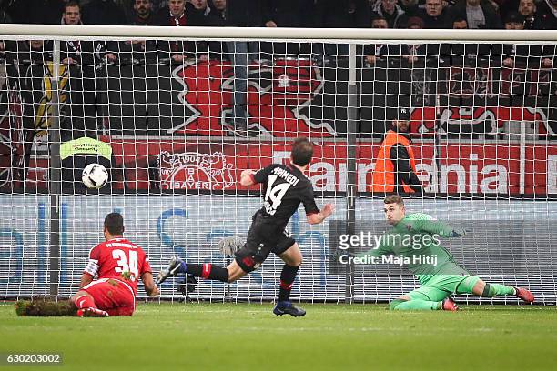 Admir Mehmedi of Leverkusen scores his team's first goal to make it 1-1during the Bundesliga match between Bayer 04 Leverkusen and FC Ingolstadt 04...