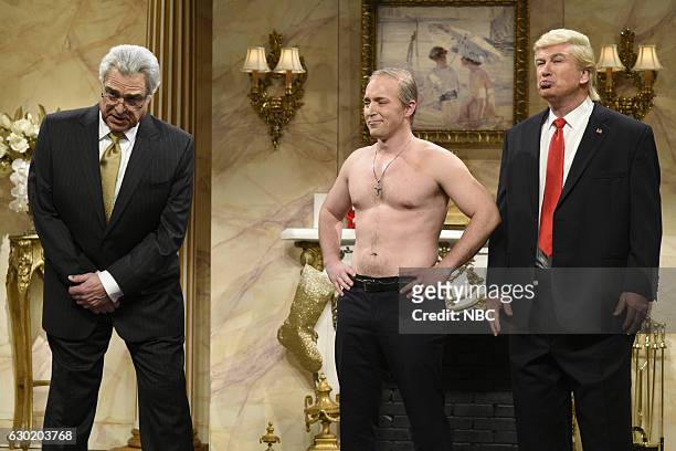 Casey Affleck" Episode 1714 -- Pictured: John Goodman as Rex Tillerson, Beck Bennett as Russian President Vladimir Putin, and Alec Baldwin as Donald...