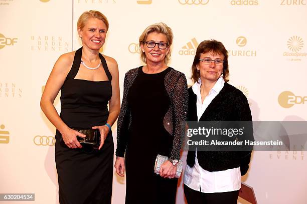 Doris Fitschen, Silvia Neid and Ulrike Ballweg arrives for the Sportler des Jahres 2016 gala at Kurhaus Baden-Baden on December 18, 2016 in...