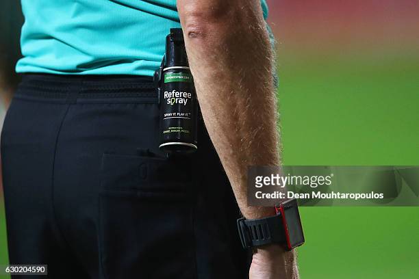 Detailed view of Pol van Boekel's can of referee spray, also known as vanishing spray or vanishing foam during the Eredivisie match between Ajax...