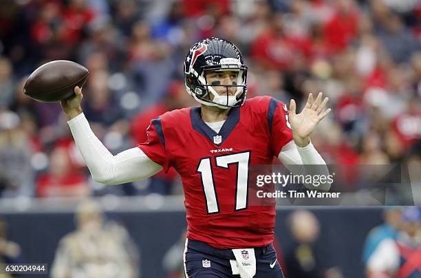 Brock Osweiler of the Houston Texans looks to pass against the Jacksonville Jaguars in the first quarter at NRG Stadium on December 18, 2016 in...