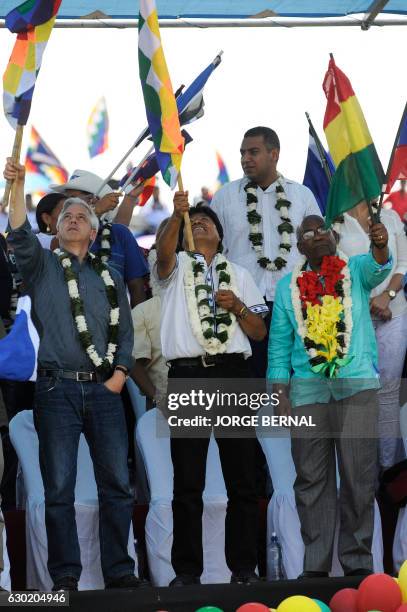 Bolivia's President Evo Morales , Vice President Alvaro Garcia LInera and Venezuela's Vice President Aristobulo Isturiz take part in the "Day of...