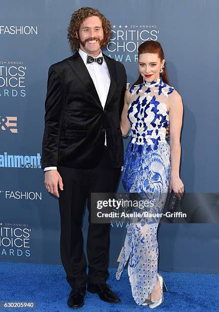 Actor T.J. Miller and Kate Gorney arrive at The 22nd Annual Critics' Choice Awards at Barker Hangar on December 11, 2016 in Santa Monica, California.