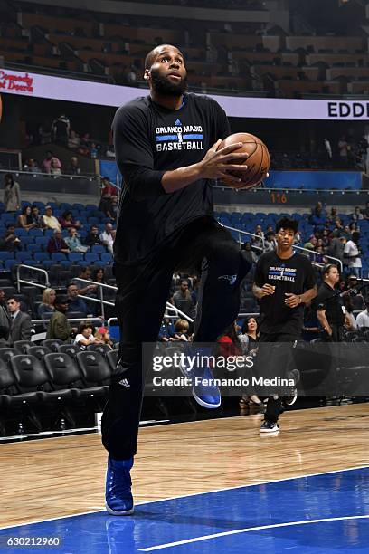 Arinze Onuaku of the Orlando Magic warms up before the game against the Toronto Raptors on December 18, 2016 at Amway Center in Orlando, Florida Or....