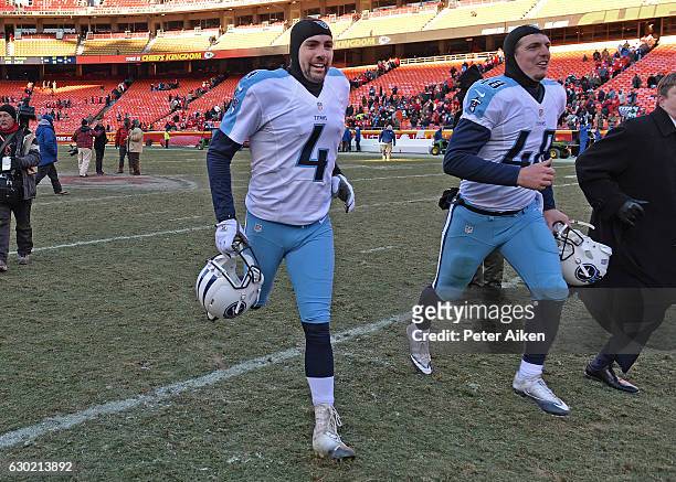 Kicker Ryan Succop of the Tennessee Titans runs off the field after kicking the winning field goal to beat the Kansas City Chiefs 19-17 on December...