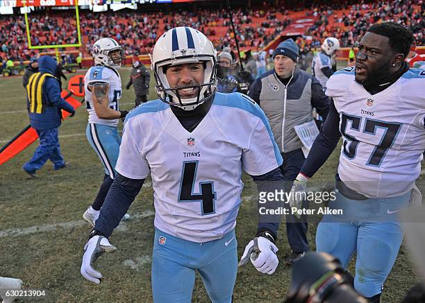 Kicker Ryan Succop of the Tennessee Titans reacts after kicking the winning field goal to beat the Kansas City Chiefs 19-17 on December 18, 2016 at...