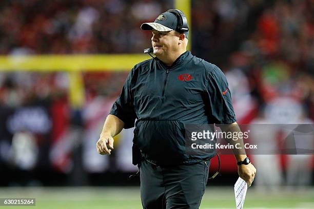 Head coach Chip Kelly of the San Francisco 49ers looks on during the first half against the Atlanta Falcons at the Georgia Dome on December 18, 2016...