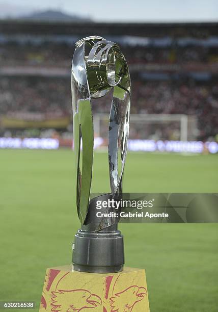 The trophy is seen prior to a second leg final match between Santa Fe and Deportes Tolima as part of Liga Aguila II 2016 at El Campin Stadium on...