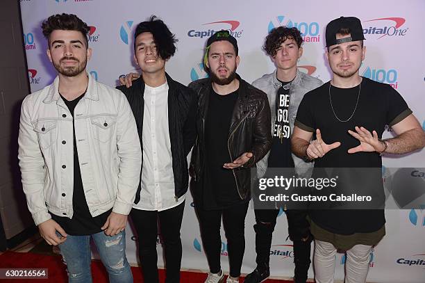 Hector Rodriguez, Ismael Cano, Tomas Slemenson, Matt Rey, and Juan Pablo Casillas of the band Los 5 attend the Y100's Jingle Ball 2016 - PRESS ROOM...