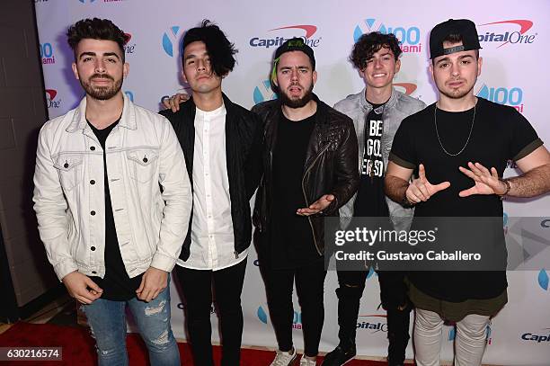 Hector Rodriguez, Ismael Cano, Tomas Slemenson, Matt Rey, and Juan Pablo Casillas of the band Los 5 attend the Y100's Jingle Ball 2016 - PRESS ROOM...