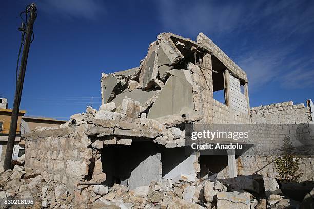 Destroyed building is seen in the Darat Izza district of Aleppo as the civil war continues in Syria on December 18, 2016. As a result of air attacks...