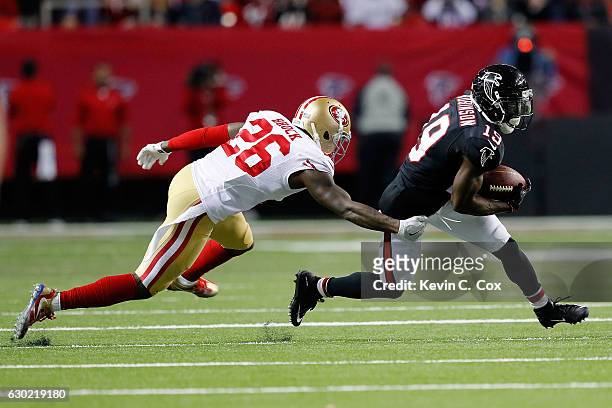 Aldrick Robinson of the Atlanta Falcons with a reception against Tramaine Brock of the San Francisco 49ers during the second half at the Georgia Dome...