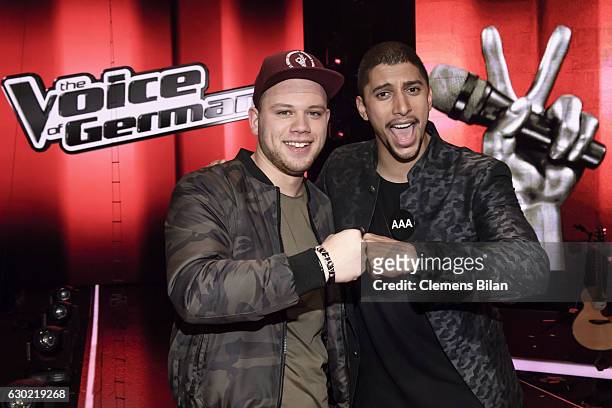 Tay Schmedtmann and Andreas Bourani pose after the ''The Voice Of Germany' Finals' on December 18, 2016 in Berlin, Germany.
