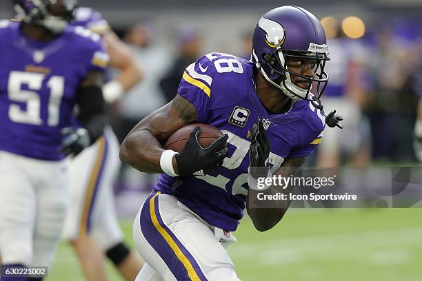 Minnesota Vikings Running Back Adrian Peterson warms up prior to an NFL football game between the Indianapolis Colts and the Minnesota Vikings on...