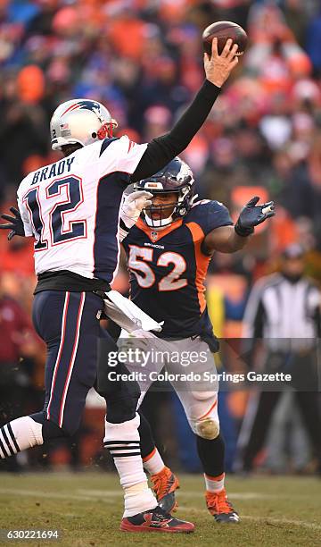 Denver Broncos linebacker Corey Nelson pressures Tom Brady in the first half of Denver's 16-3 loss to the Patriots on Sunday, Dec. 18, 2016 at Sports...