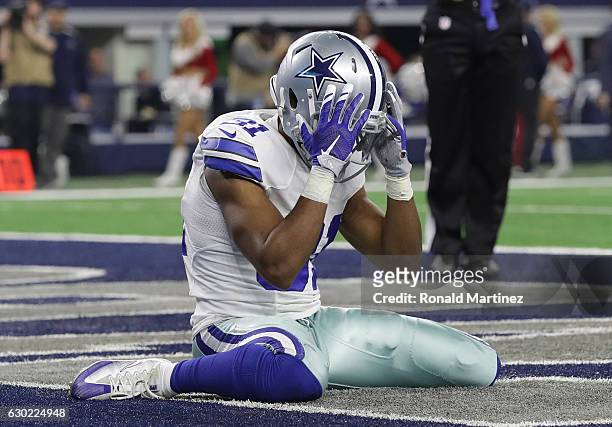 Byron Jones of the Dallas Cowboys reacts after a touchdown scored by Adam Humphries of the Tampa Bay Buccaneers during the third quarter at AT&T...
