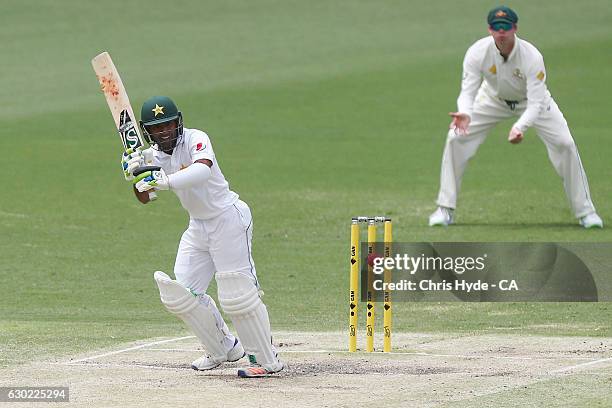 Asad Shafiq of Pakistan bats during day five of the First Test match between Australia and Pakistan at The Gabba on December 19, 2016 in Brisbane,...