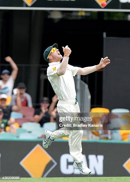 David Warner of Australia celebrates after taking the catch to dismiss Asad Shafiq of Pakistan during day five of the First Test match between...