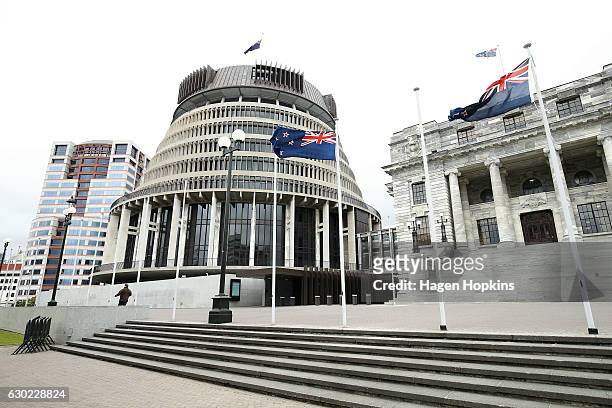 General view of Parliament House and The Beehive after a press conference at Parliament on December 18, 2016 in Wellington, New Zealand. Bill English...