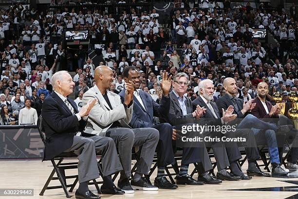 Dave Odom, Bruce Bowen, David Robinson, R.C. Buford, Gregg Popovich and Manu Ginobili and Tony Parker of the San Antonio Spurs are seen at the event...