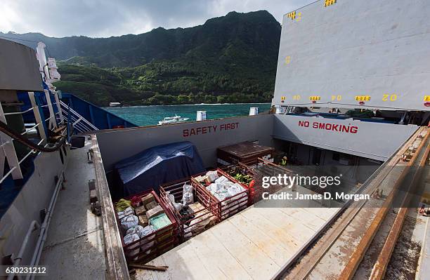 Freight inside the hold of the Aranui 5 freighter and cruise ship as she delivers Christmas goods on December 02, 2016 in the Marquesa Islands,...
