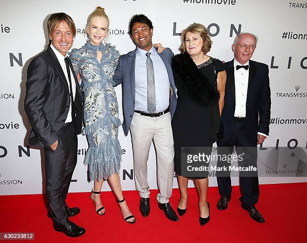 Keith Urban, Nicole Kidman, Saroo Brierley, Sue Brierley and John Brierley arrive ahead of the Australian premiere of LION at State Theatre on...