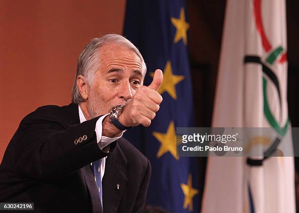 President Giovanni Malago' gestures during the Italian Olympic Commitee 'Collari d'Oro' Awards at Foro Italico on December 19, 2016 in Rome, Italy.